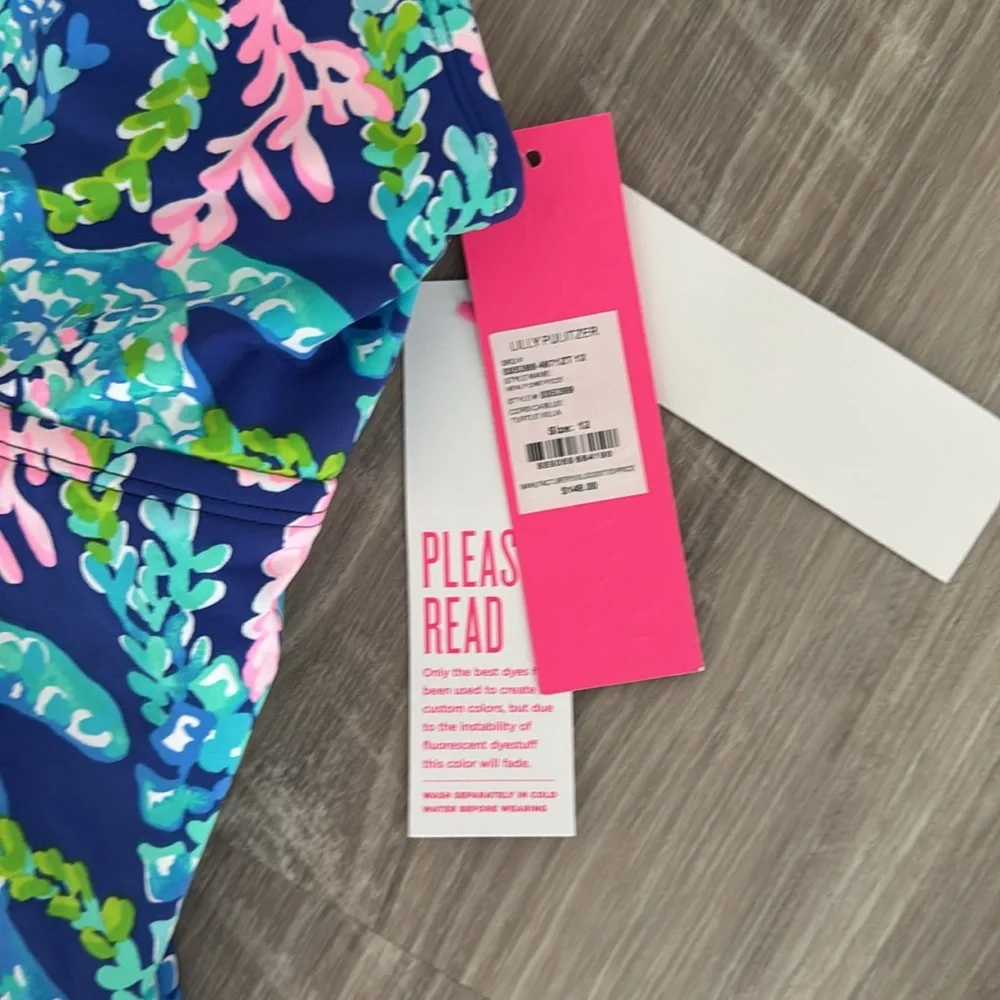 Lilly Pulitzer one piece swimsuit size 12 women’s Corsica blue turtle Ville  NWT - Picture 2 of 6